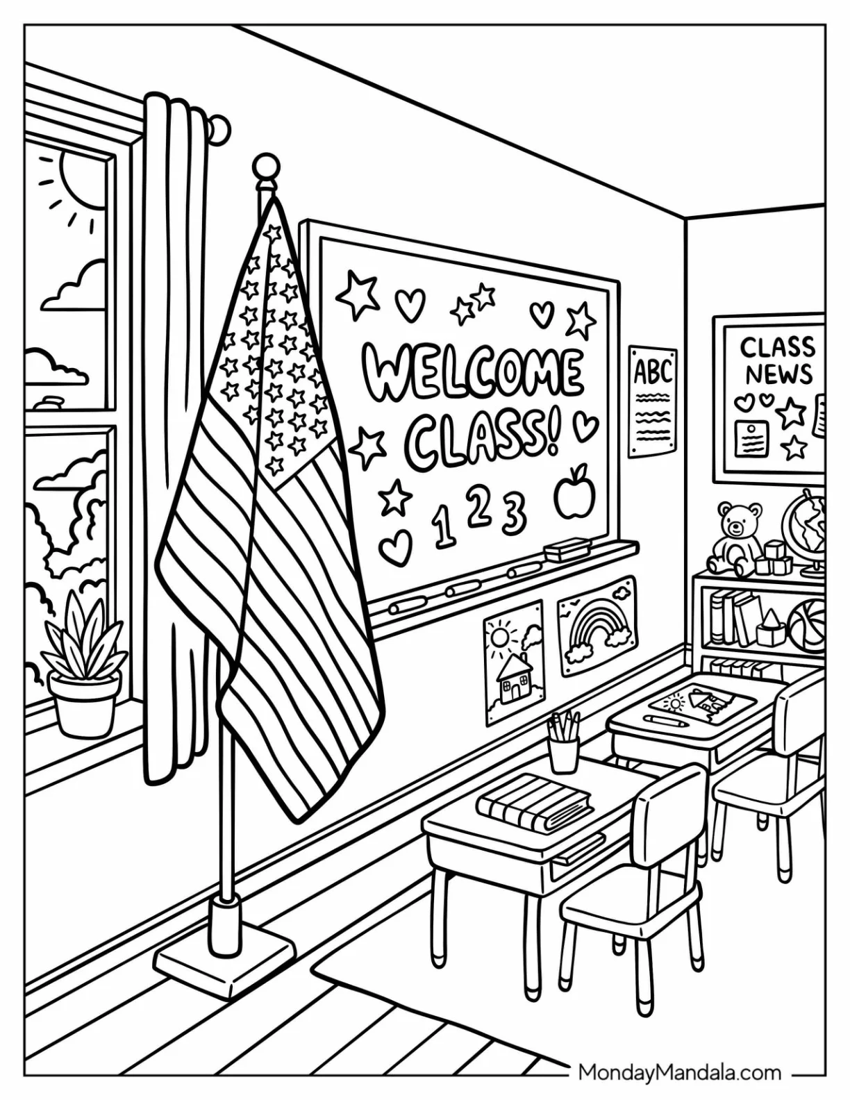 American Flag Displayed in a Classroom Coloring Page coloring page — printable line art