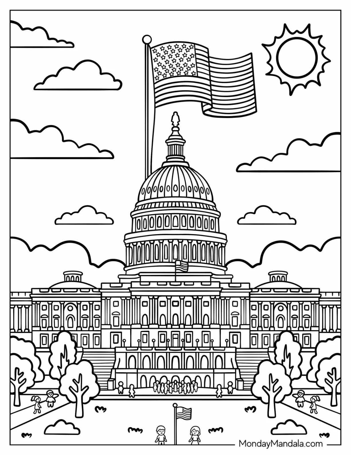 American Flag Flying Above the United States Capitol coloring page — printable line art