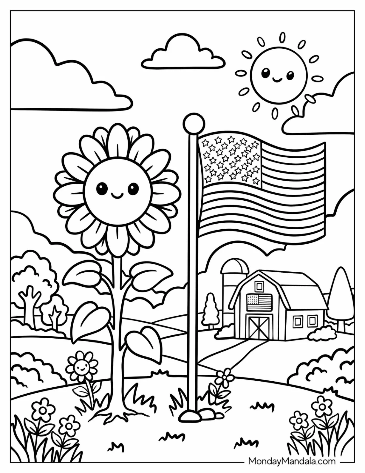 American Flag Flying Beside a Sunflower on a Country Farm Coloring Sheet coloring page — printable line art