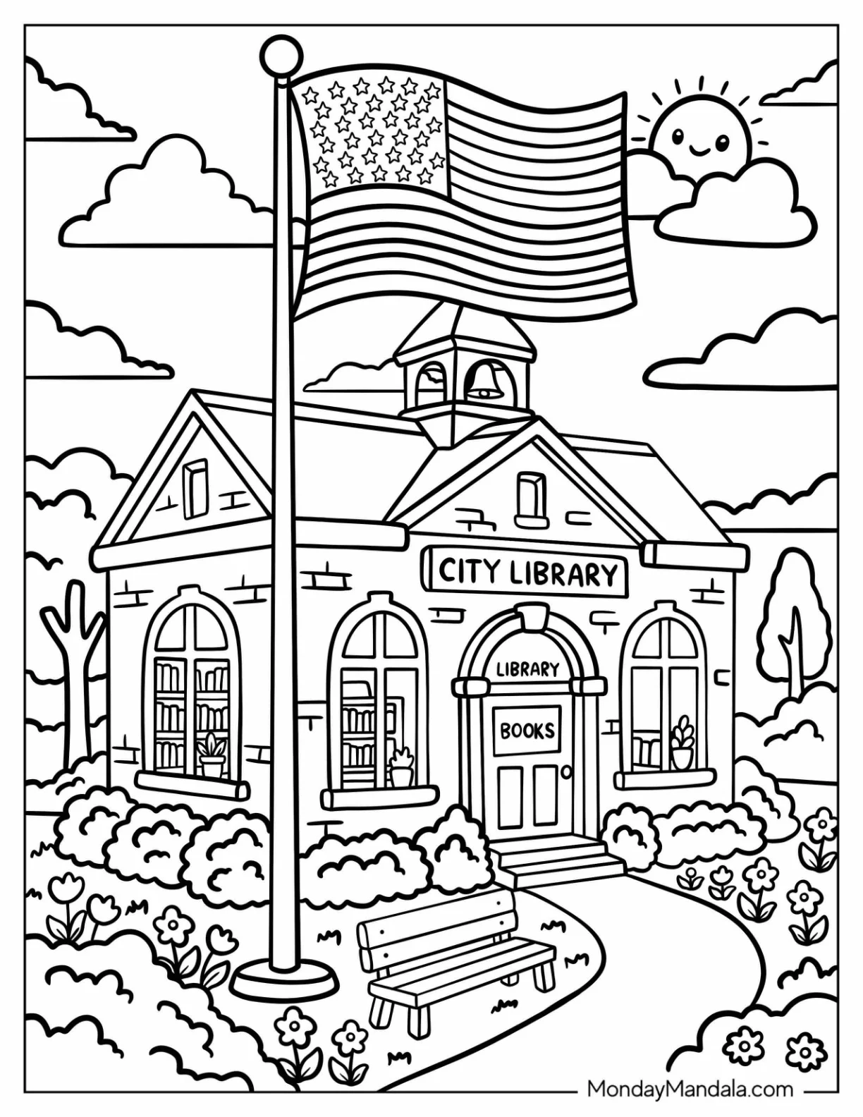 American Flag Flying Outside a City Library Coloring Sheet coloring page — printable line art