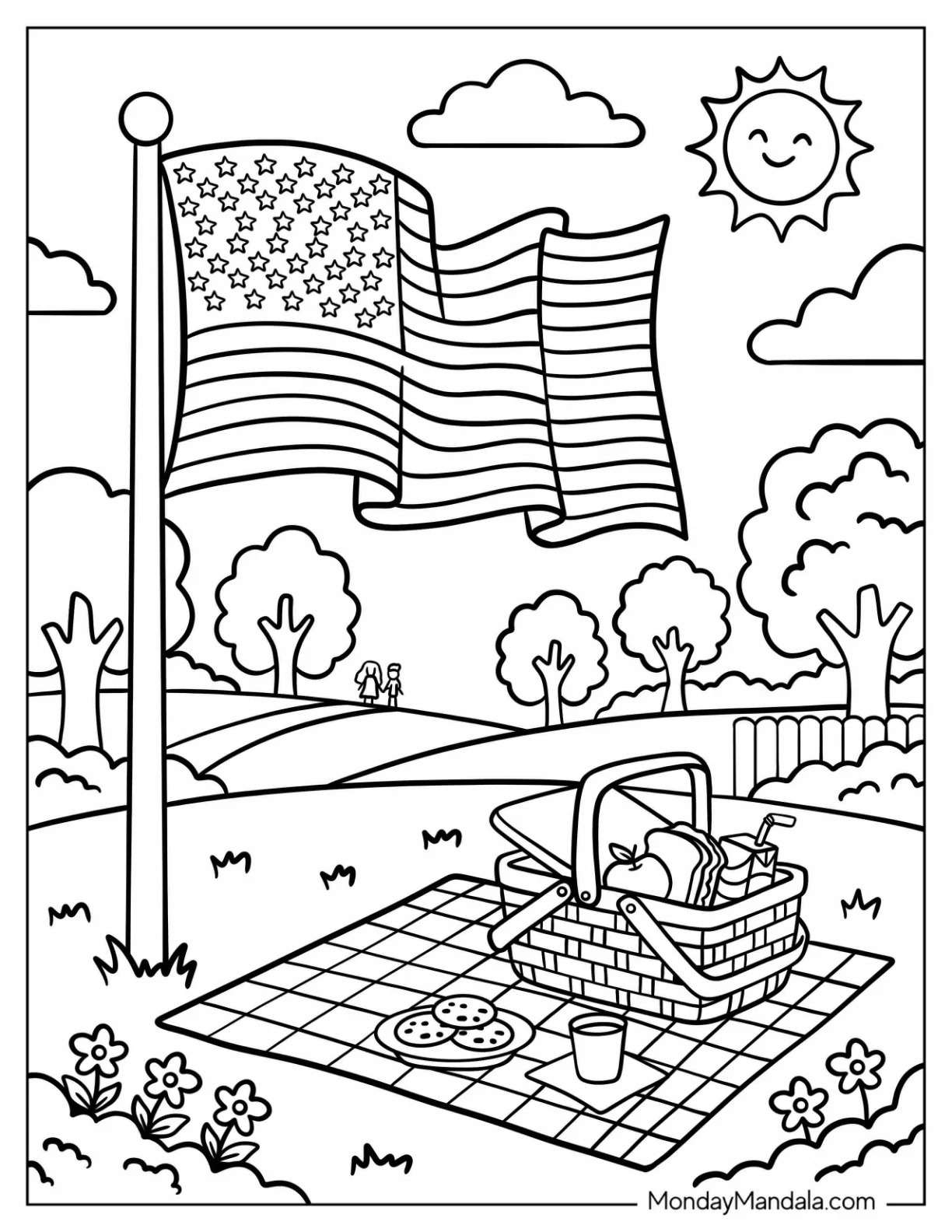 American Flag Flying Over a Sunny Park Picnic Coloring Sheet coloring page — printable line art