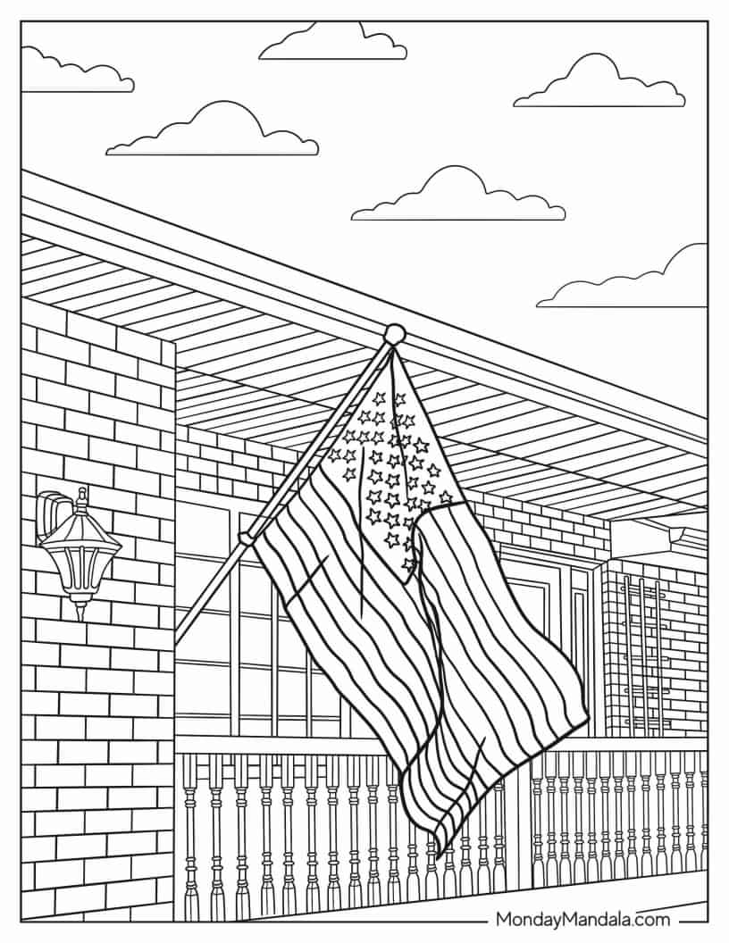 American Flag In Front Of House coloring page — printable line art