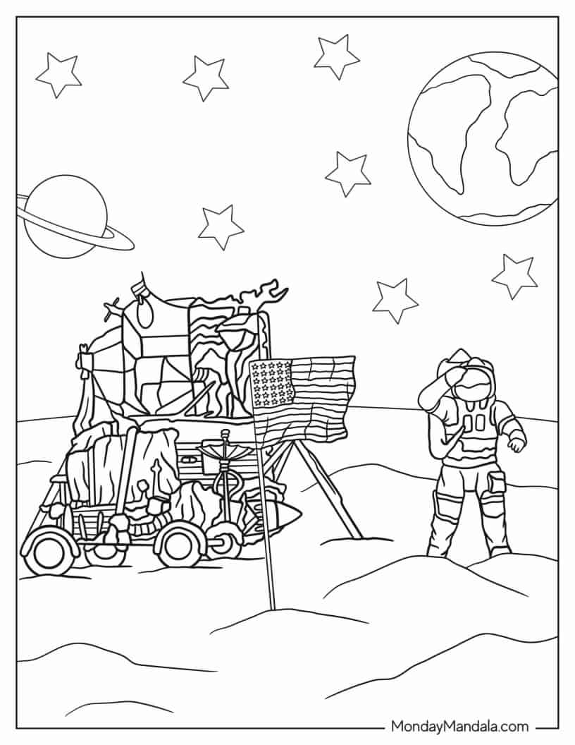 American Flag in Space Moon Landing Coloring Sheet coloring page — printable line art