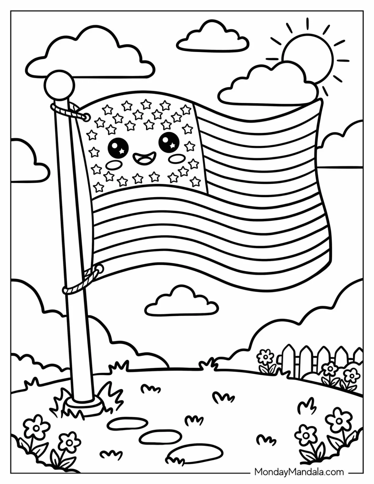 American Flag Waving in a Sunny Flower Garden Coloring Page for Kids coloring page — printable line art