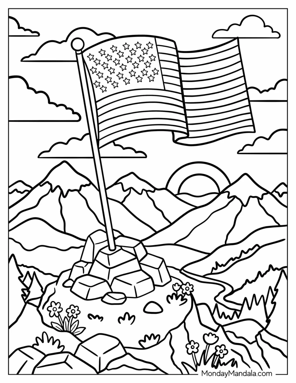 American Flag Waving Over a Mountain Valley at Sunset Coloring Page coloring page