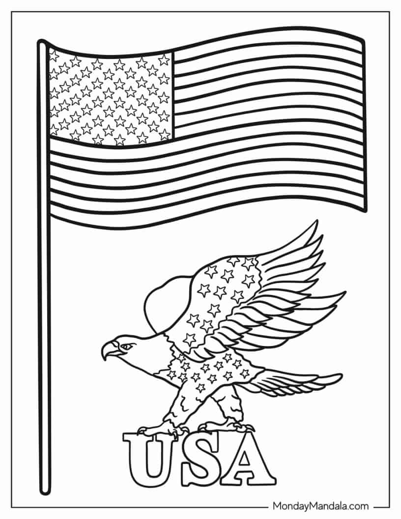 American Flag With Eagle and USA coloring page — printable line art