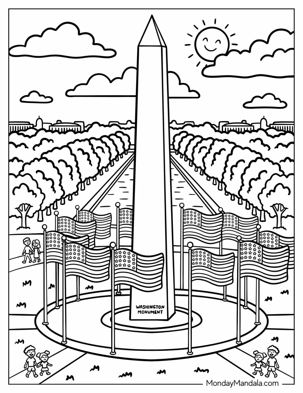 American Flags Surrounding the Washington Monument Coloring Sheet coloring page — printable line art