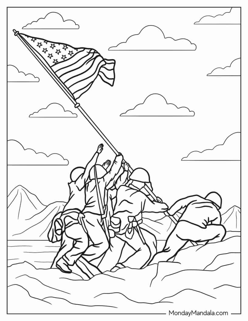 American Soldiers Erecting American Flag coloring page — printable line art