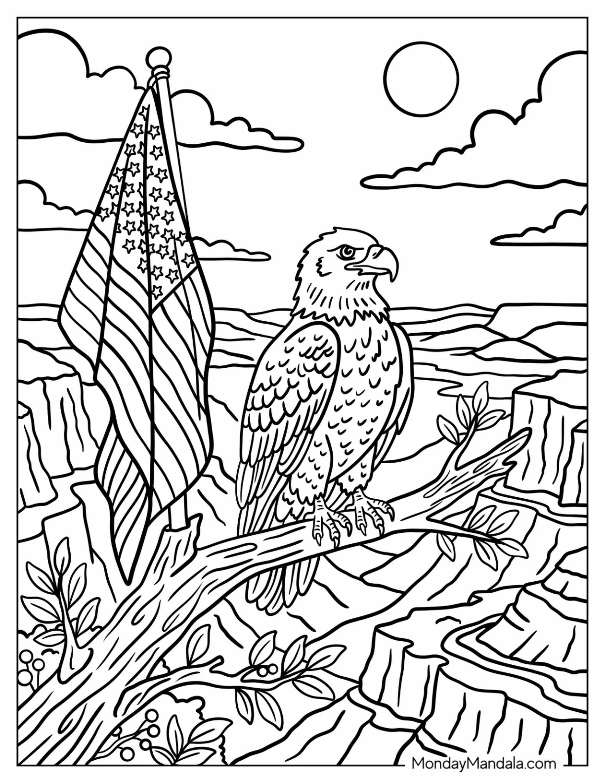 Bald Eagle Perched Beside an American Flag in a Canyon Coloring Sheet coloring page