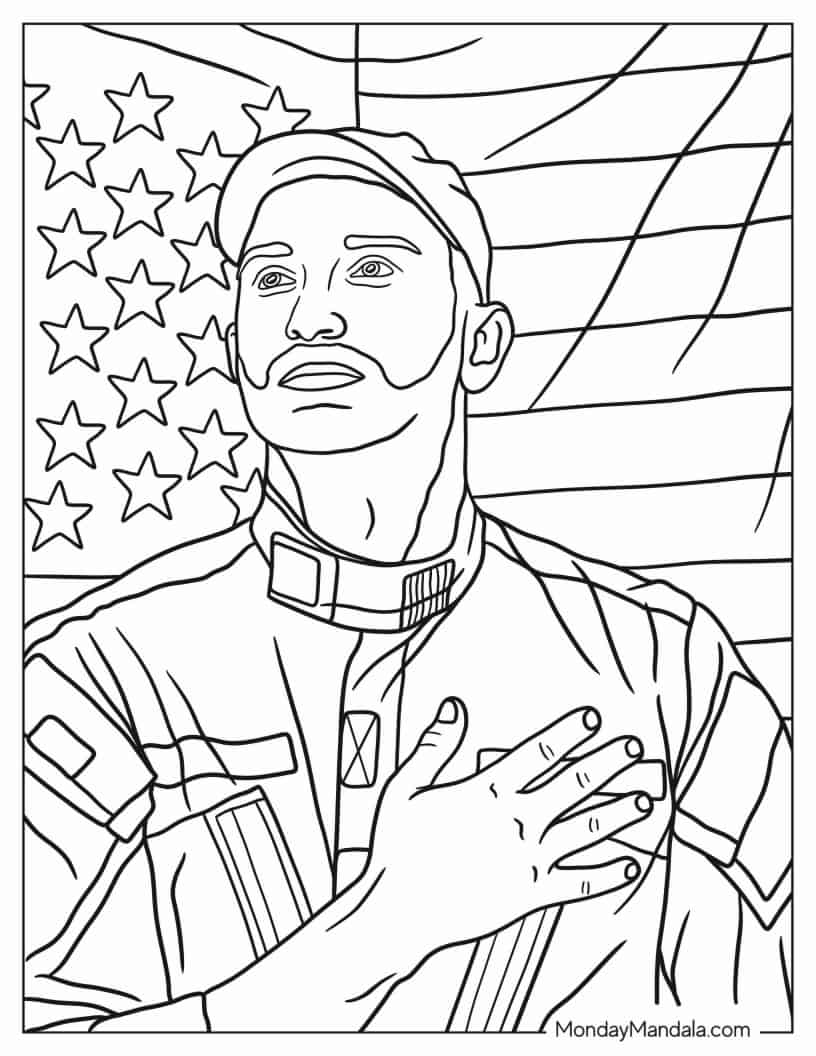 Coloring Page Of American Solider In Front Of US Flag coloring page — printable line art