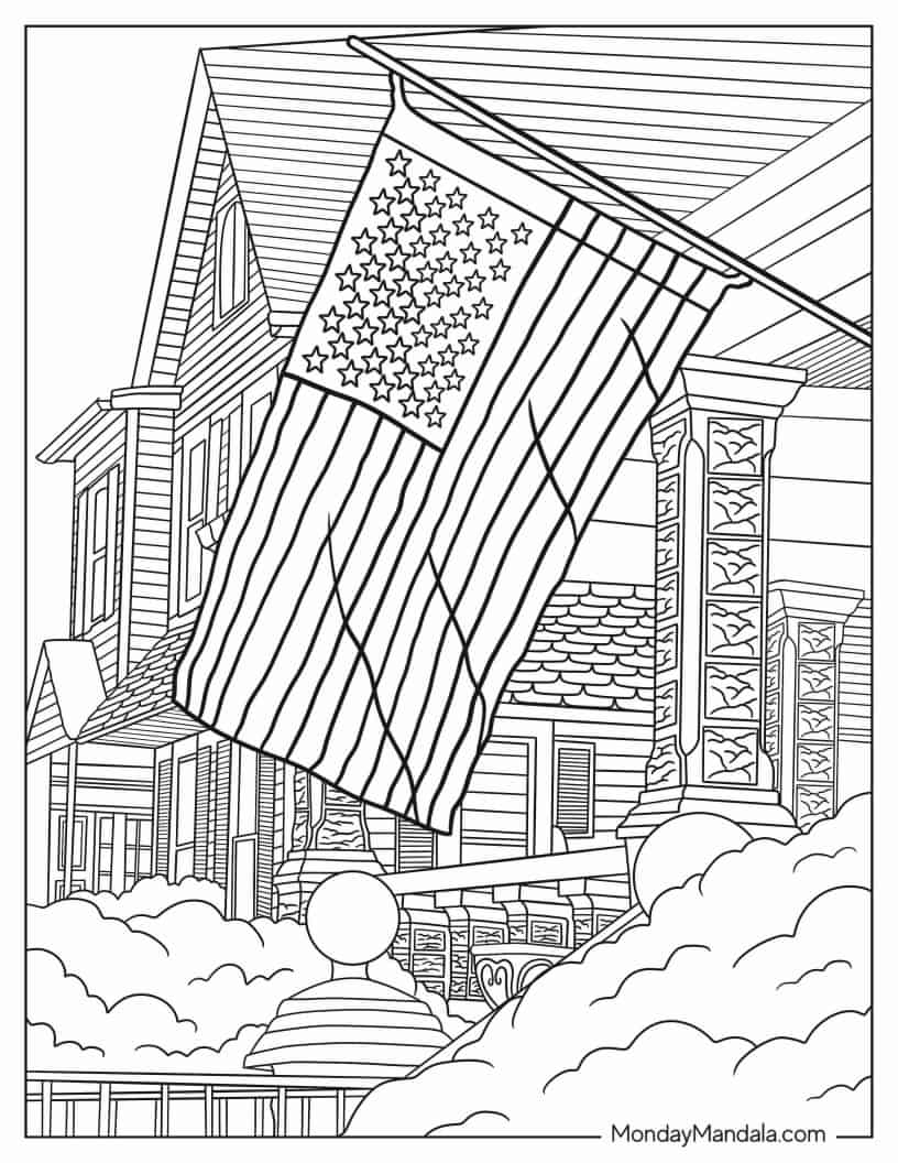 Coloring Sheet of Realistic American Flag coloring page — printable line art