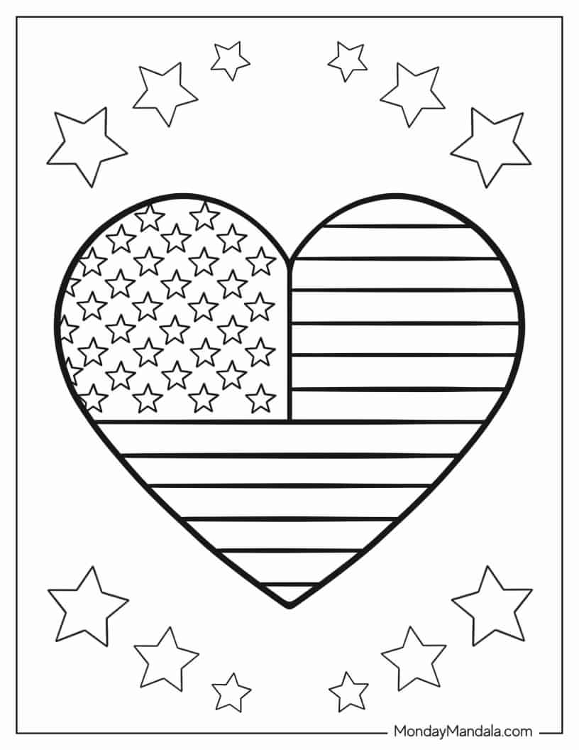 Heart-Shaped American Flag coloring page — printable line art