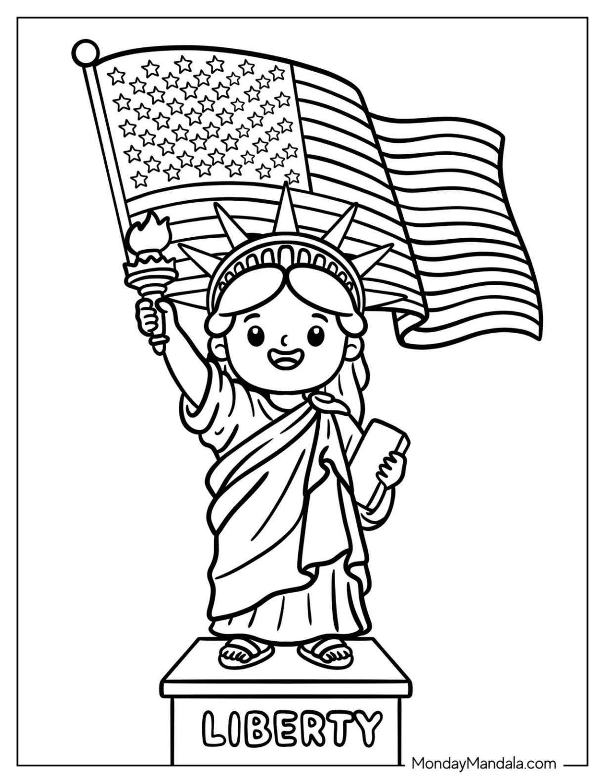 Kawaii Statue of Liberty Holding an American Flag Coloring Page for Kids coloring page