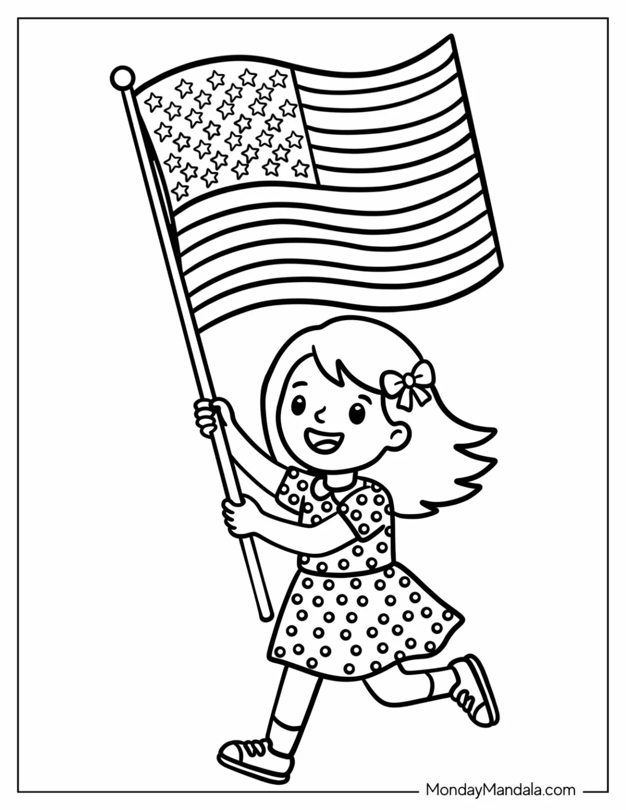 Little Girl Waving the American Flag Coloring Sheet coloring page