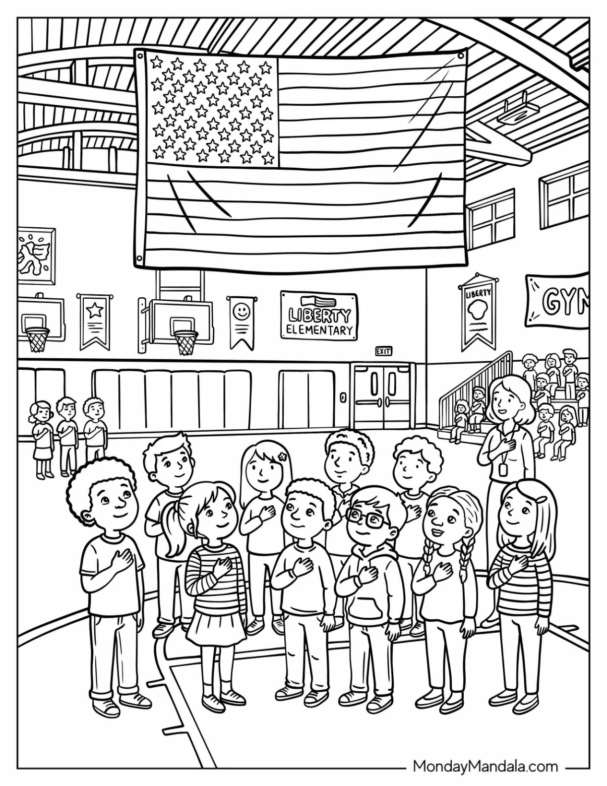 Students Reciting the Pledge Beneath an American Flag Coloring Sheet coloring page