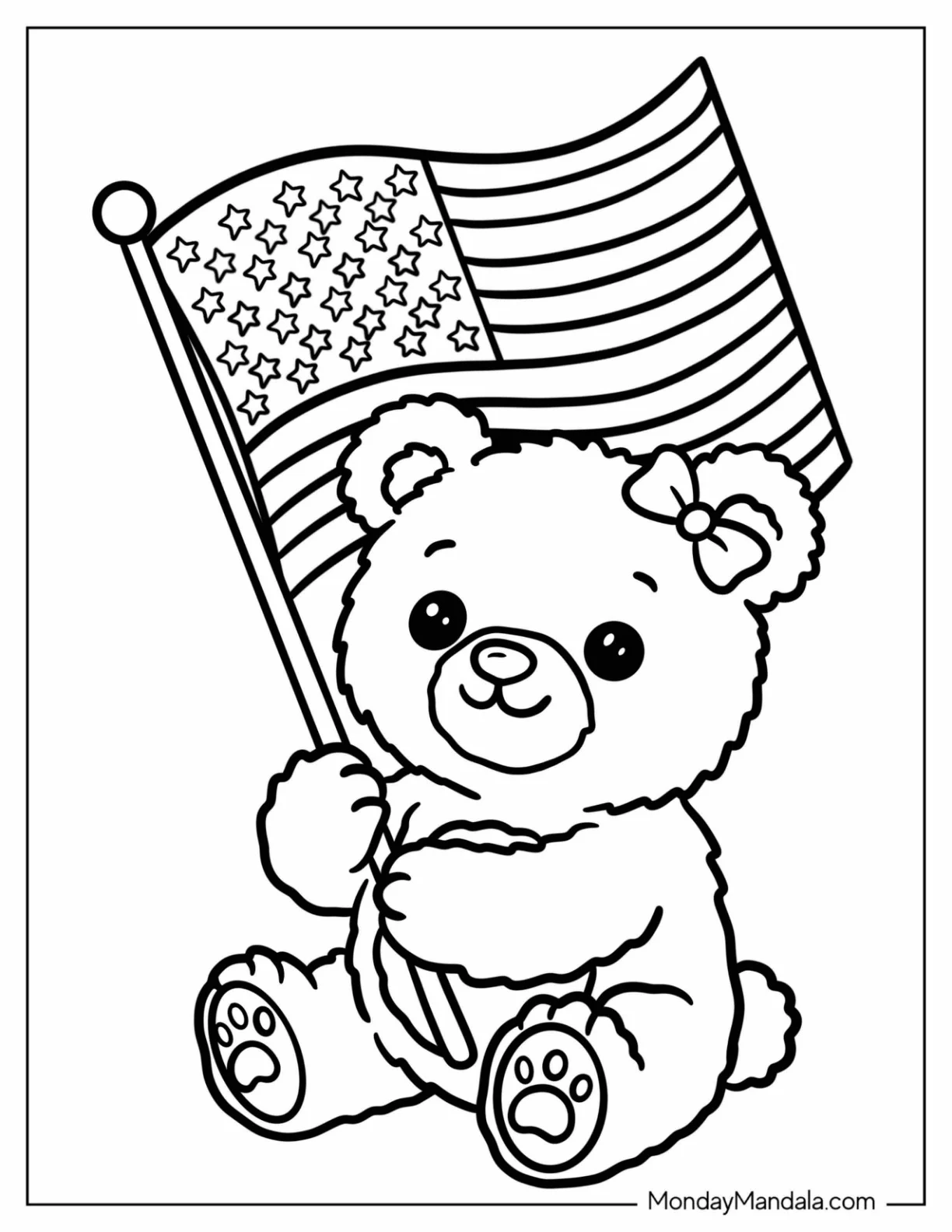 Teddy Bear Holding an American Flag Coloring Page for Kids coloring page