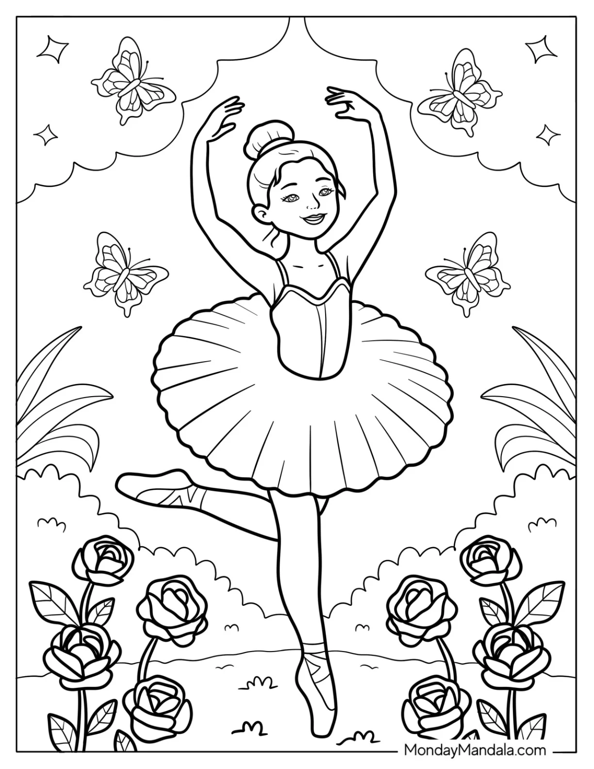 Ballerina Coloring Page Dancing Among Butterflies and Roses coloring page