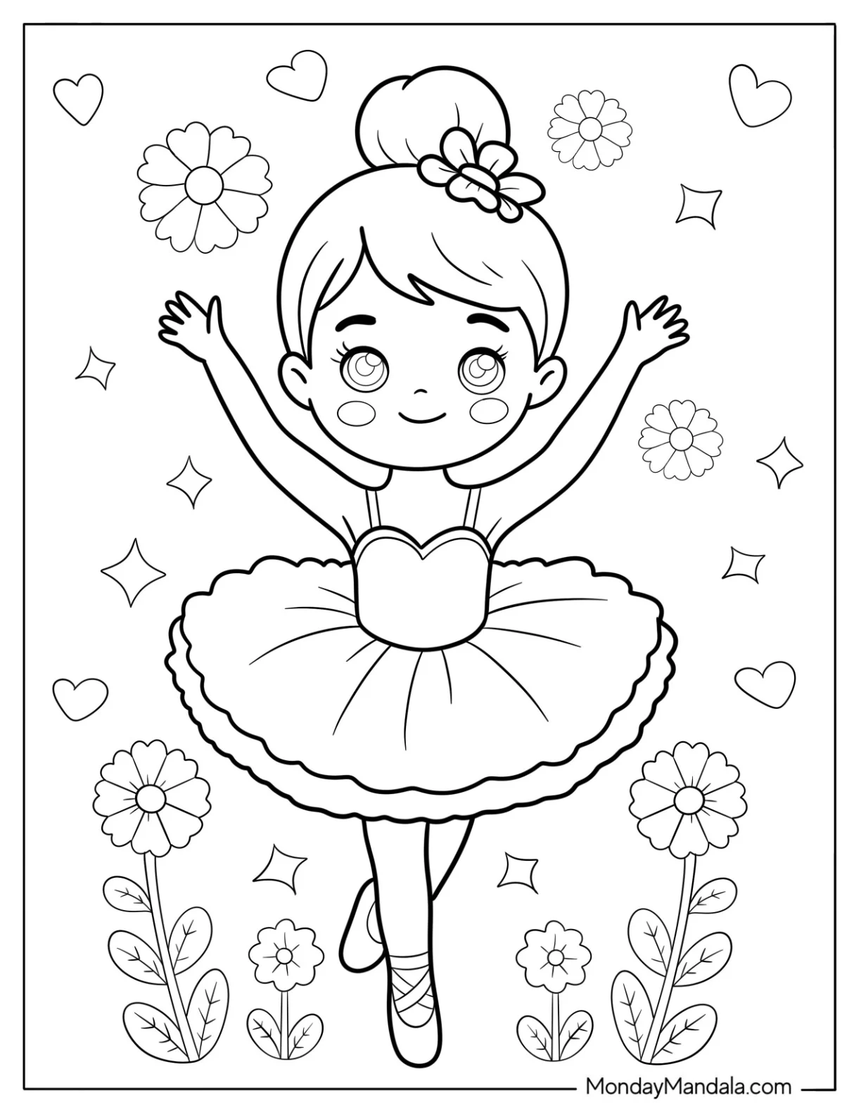 Ballerina Coloring Page Dancing Among Flowers and Hearts For Kids coloring page — printable line art