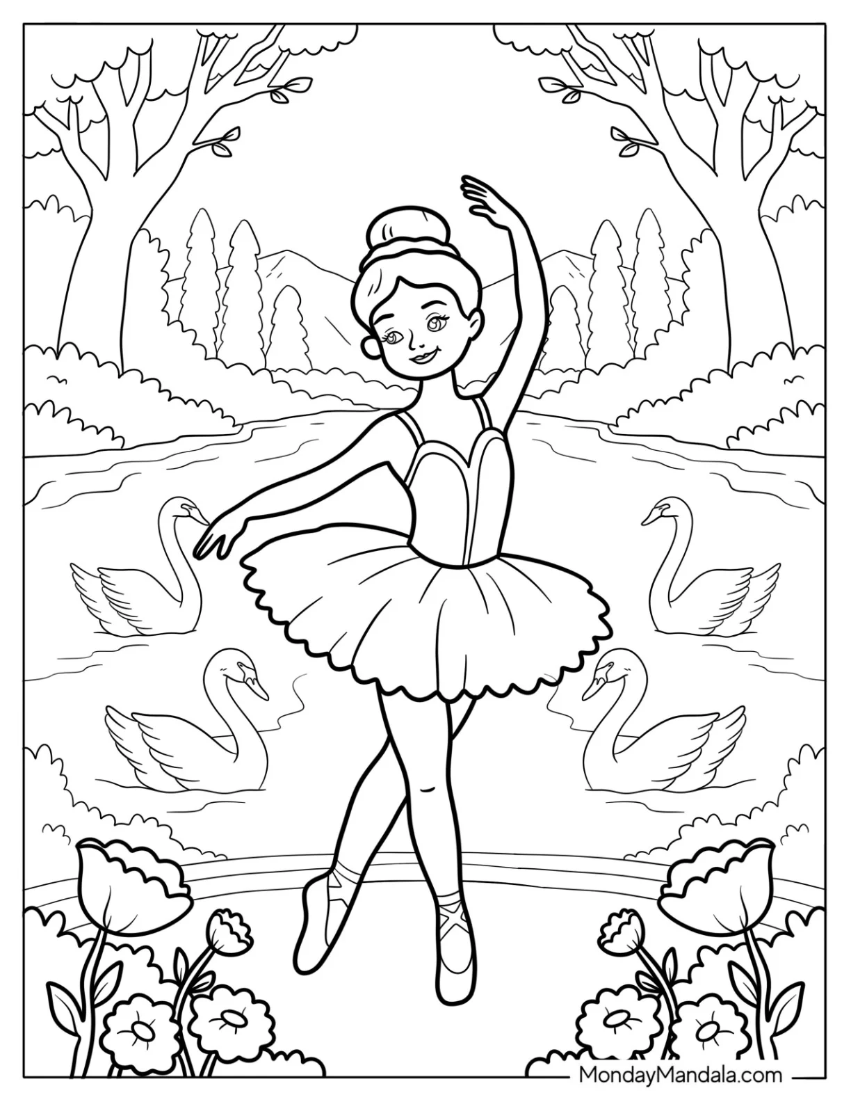 Ballerina Coloring Page Dancing Gracefully by the Lake With Swans coloring page — printable line art