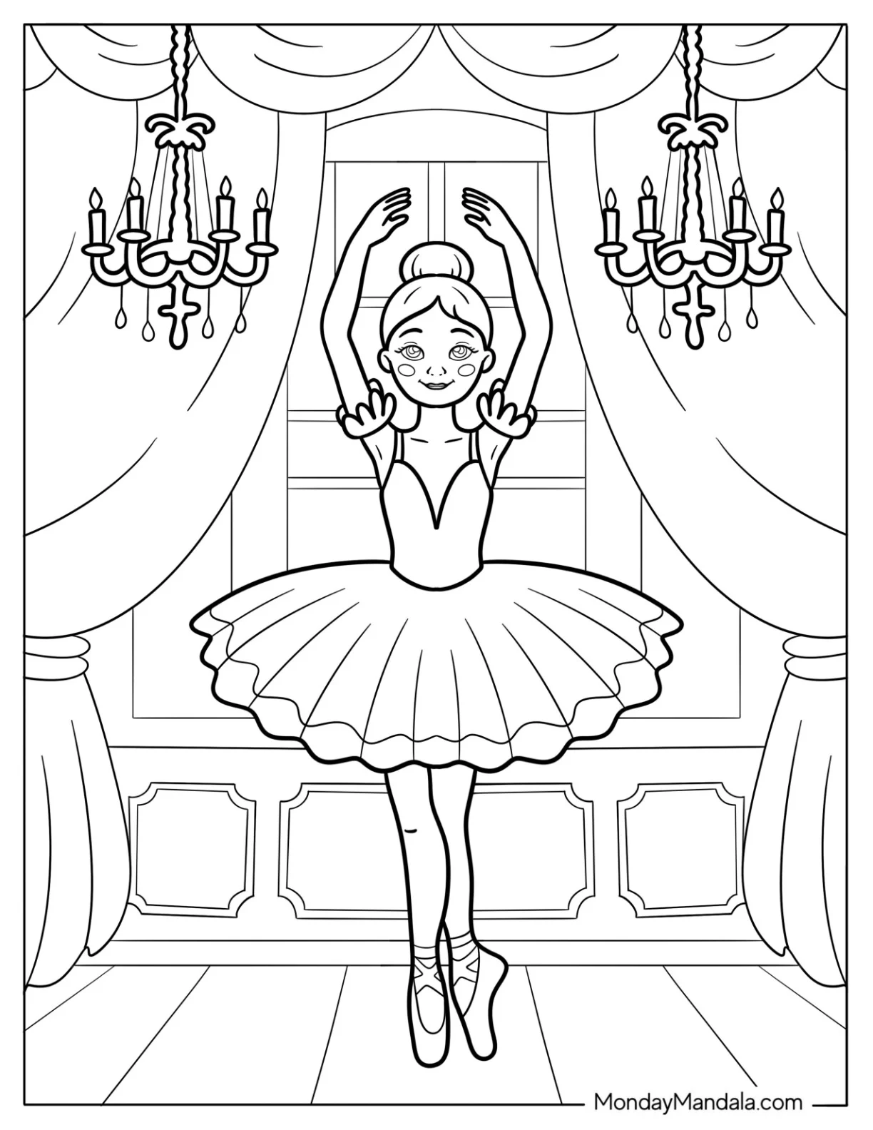 Ballerina Coloring Page Holding First Position on a Stage With Chandeliers coloring page