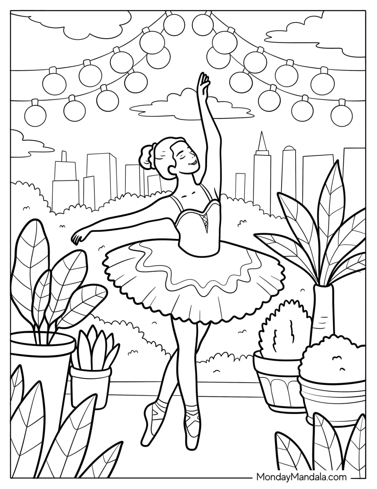 Ballerina Coloring Page in City Garden With Skyline and Hanging Lanterns coloring page — printable line art