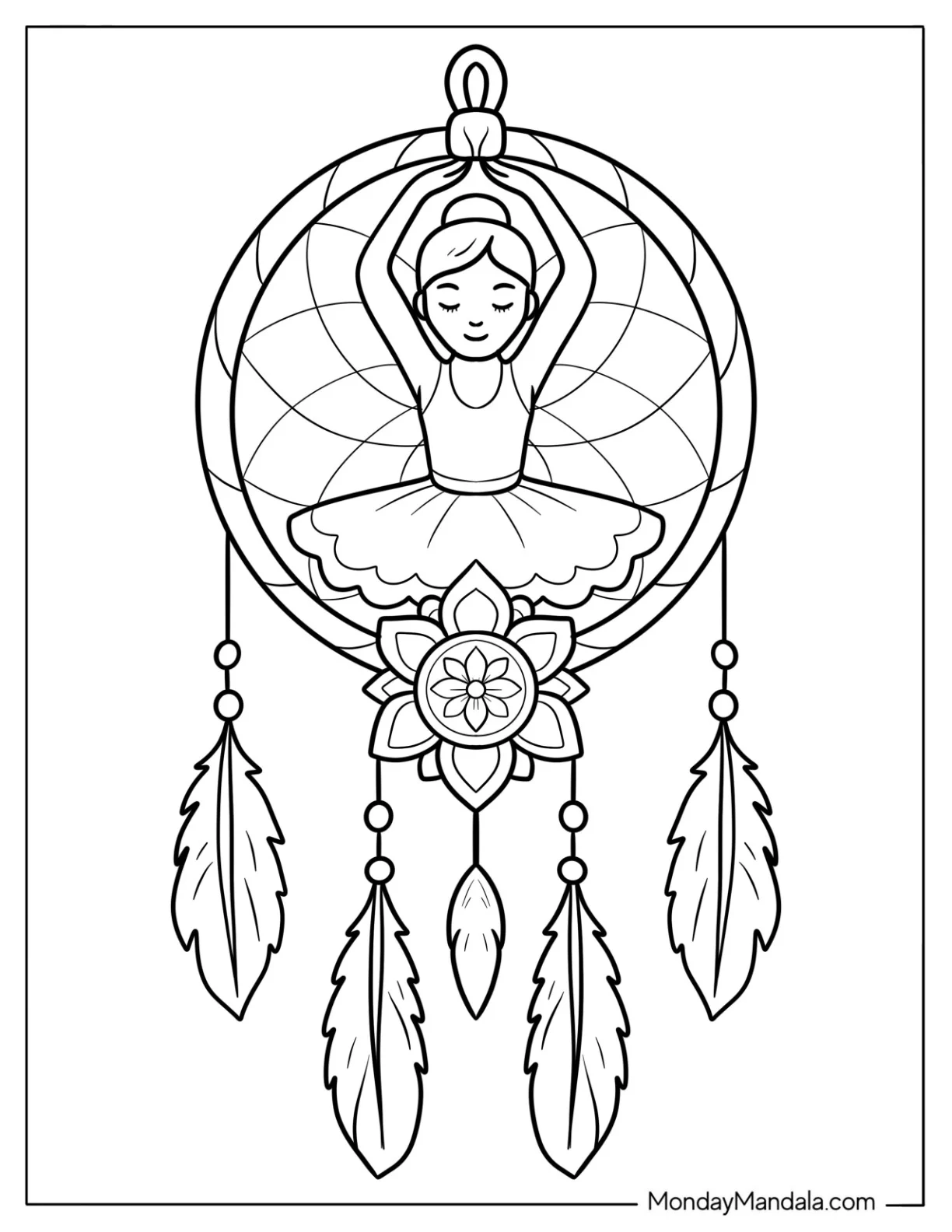 Ballerina Coloring Page of Ballet Dancer Inside Dreamcatcher with Feathers coloring page — printable line art
