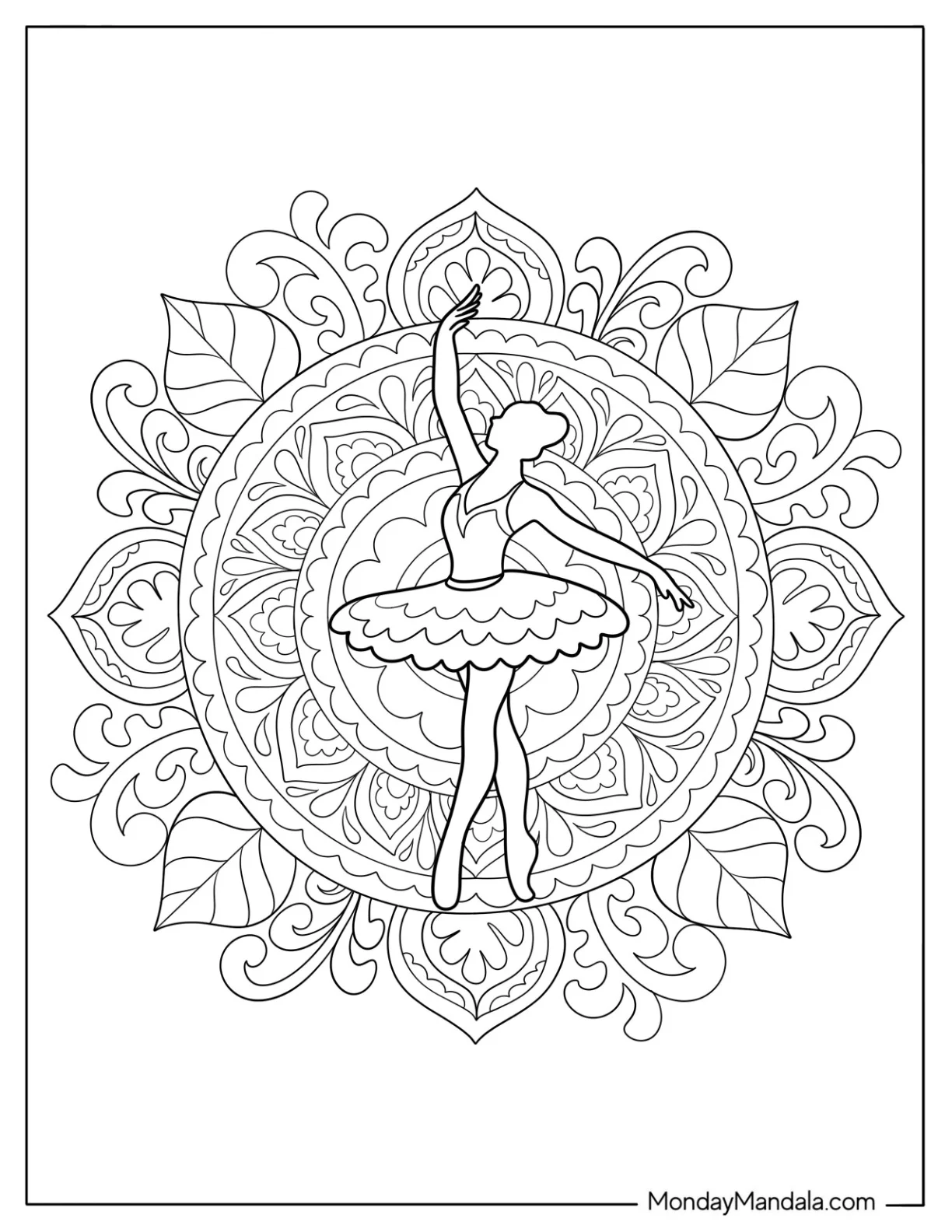 Ballerina Coloring Page of Ballet Dancer Striking a Pose in Floral Mandala Design For Adults coloring page