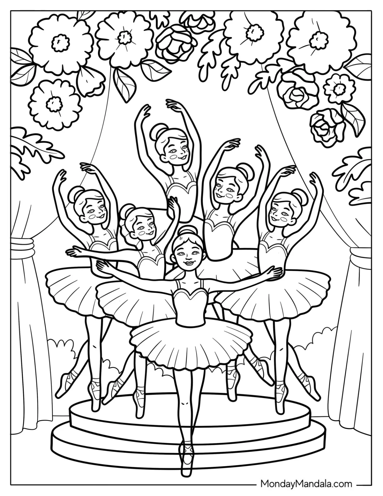 Ballerina Coloring Page of Ballet Troupe Performing a Graceful Routine in a Theater coloring page