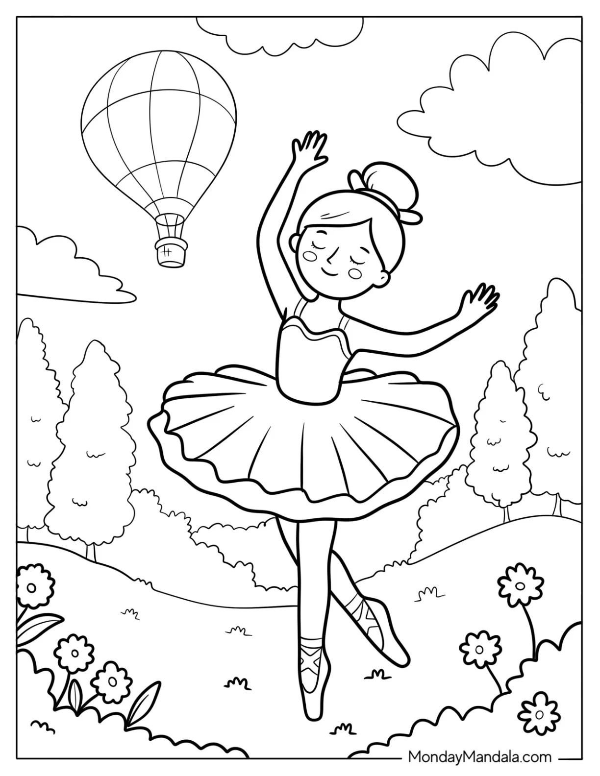 Ballerina Coloring Page of Dancing in a Meadow With Hot Air Balloon in the Air coloring page