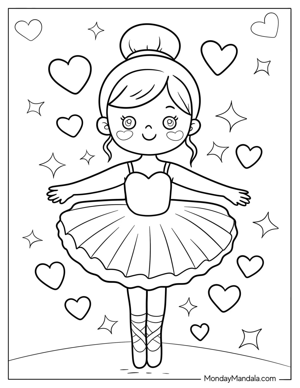 Ballerina Coloring Page of Girl Performing Ballet Pose with Hearts All Around For Preschoolers coloring page