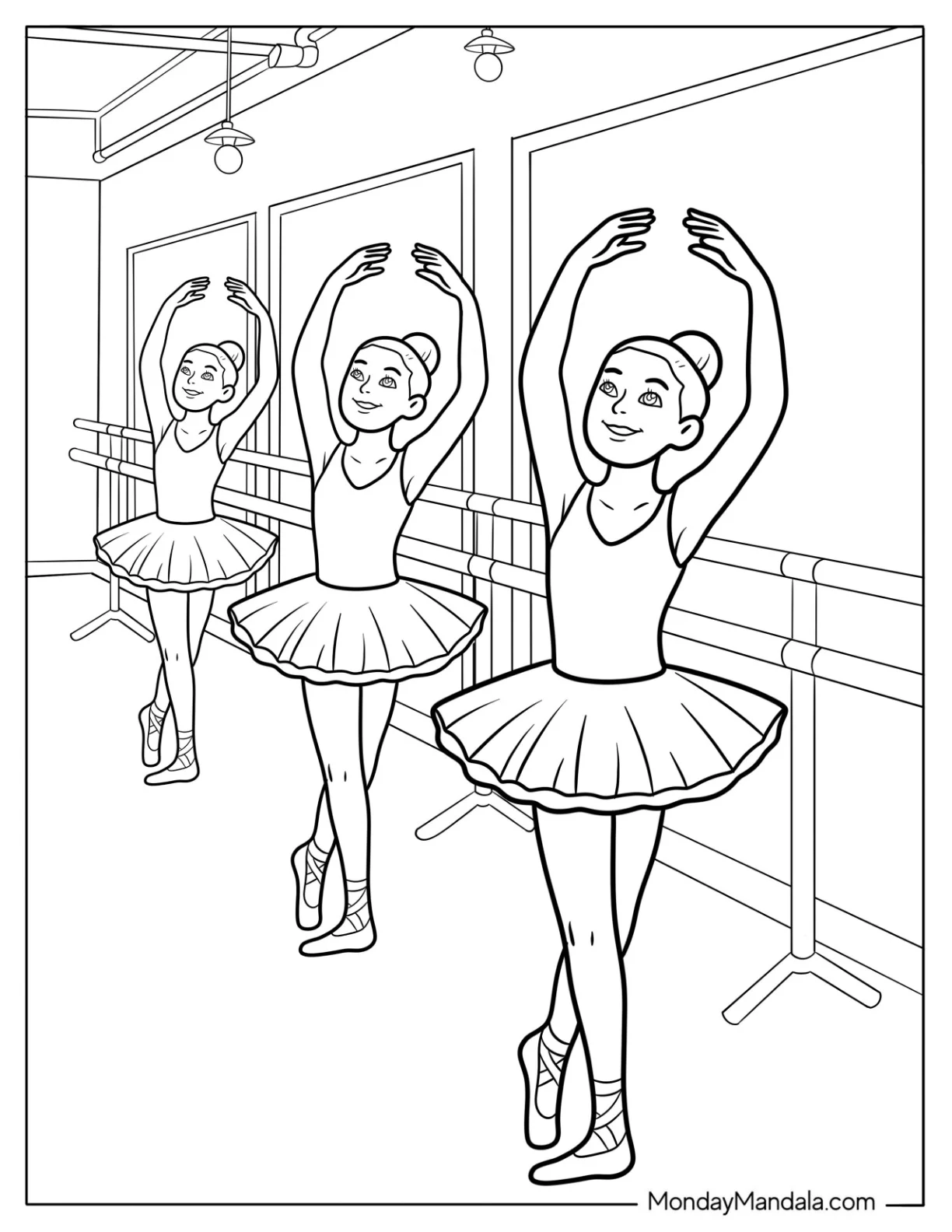 Ballerina Coloring Page of Practicing at the Barre in Dance Studio coloring page