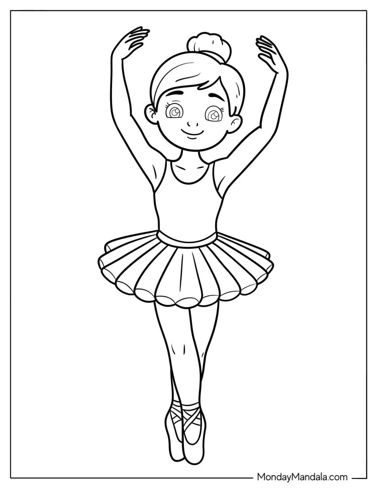 Ballerina Coloring Page of Young Dancer Practicing on Pointe in Classic Tutu For Kids coloring page — printable line art