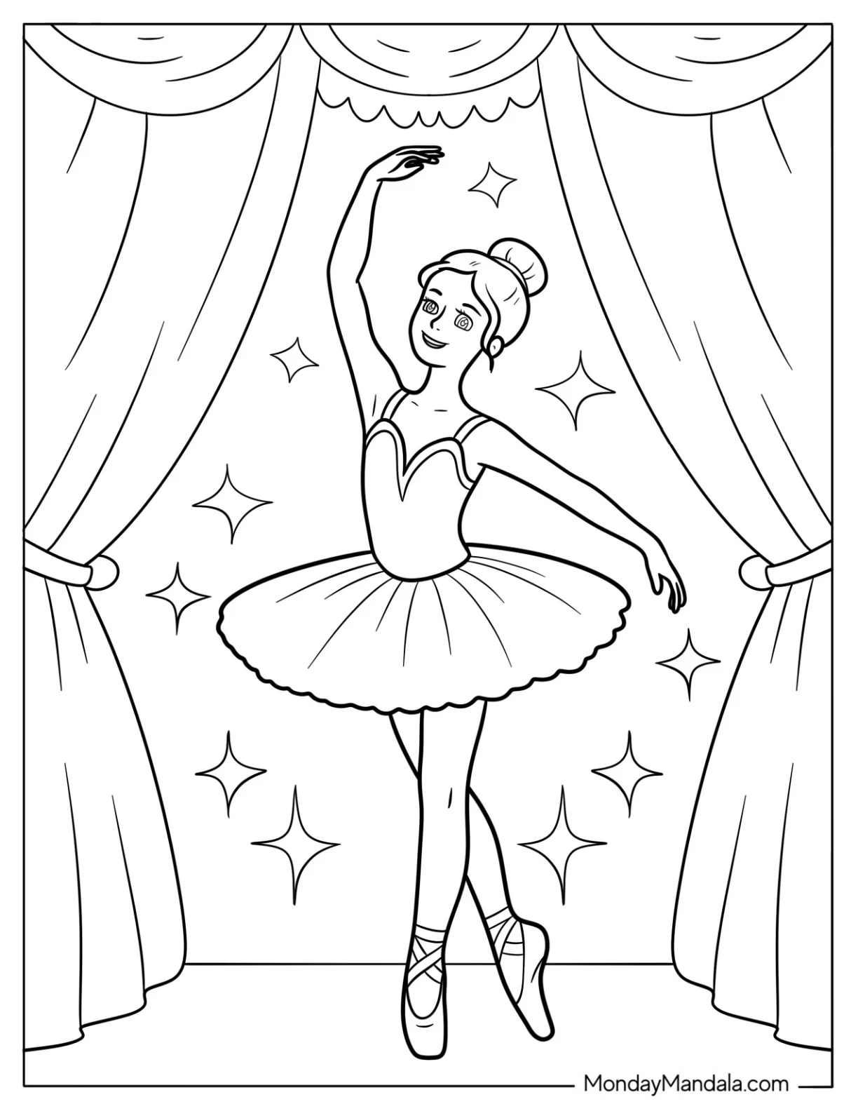 Ballerina Coloring Page Performing on Stage Beneath Elegant Curtains coloring page
