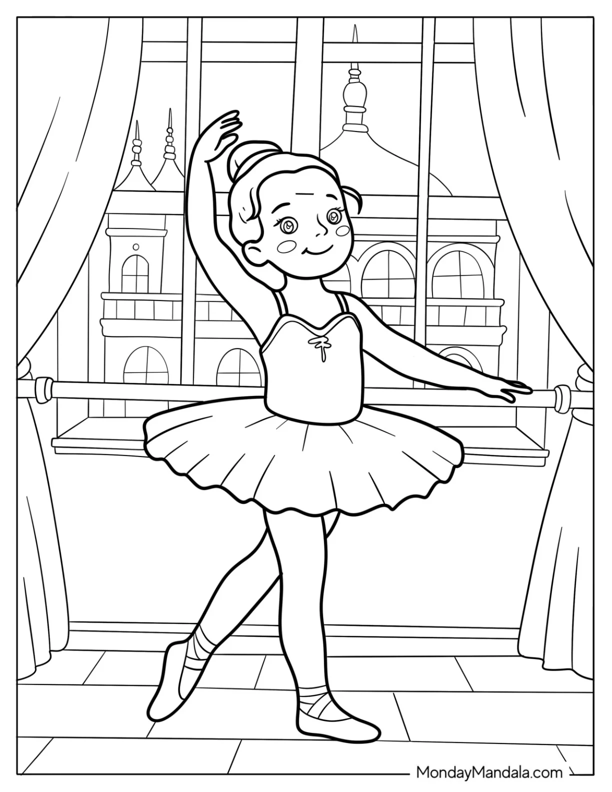Ballerina Coloring Page Practicing at the Barre With Theater Window View coloring page