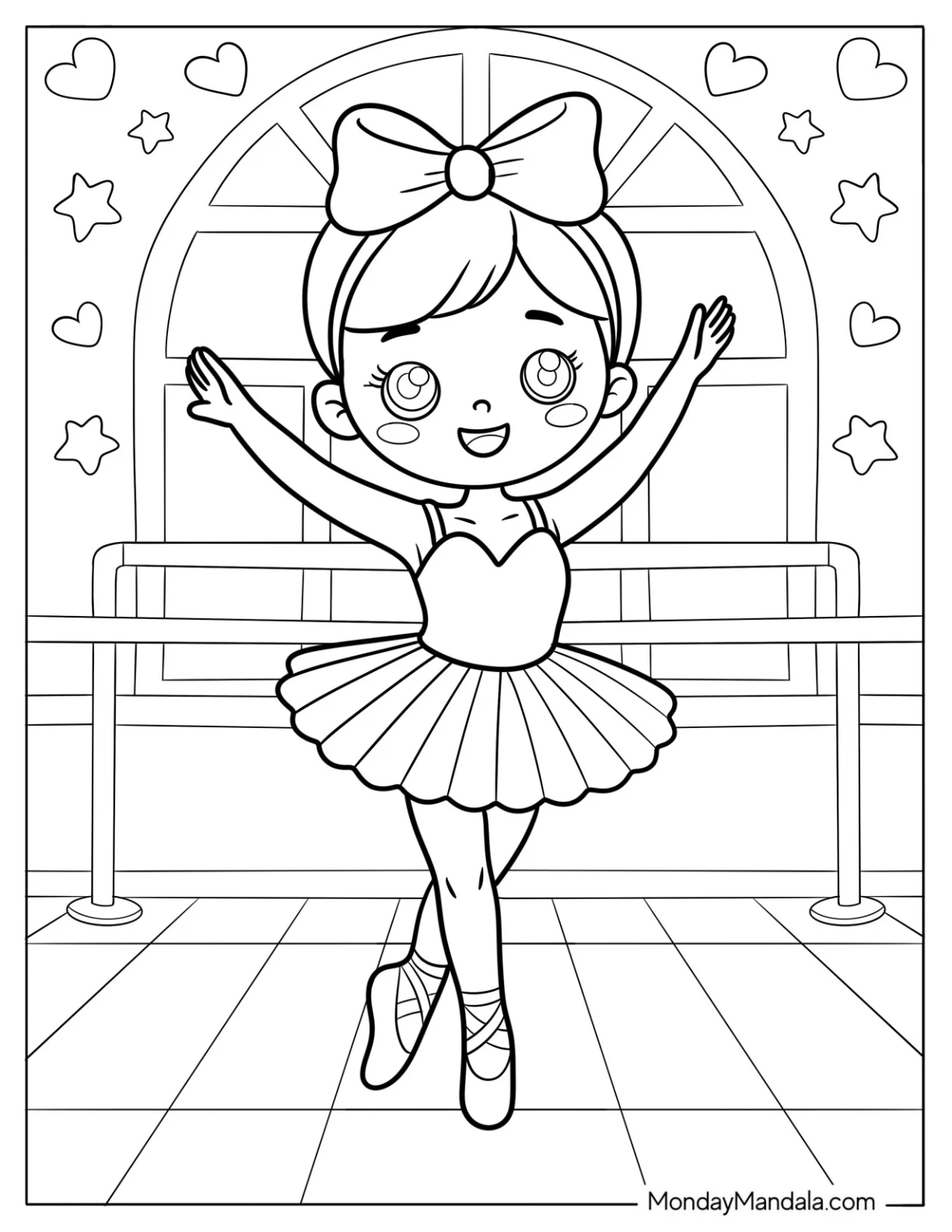 Ballerina Coloring Page Practicing Dance Moves Near Window Arch For Kids coloring page