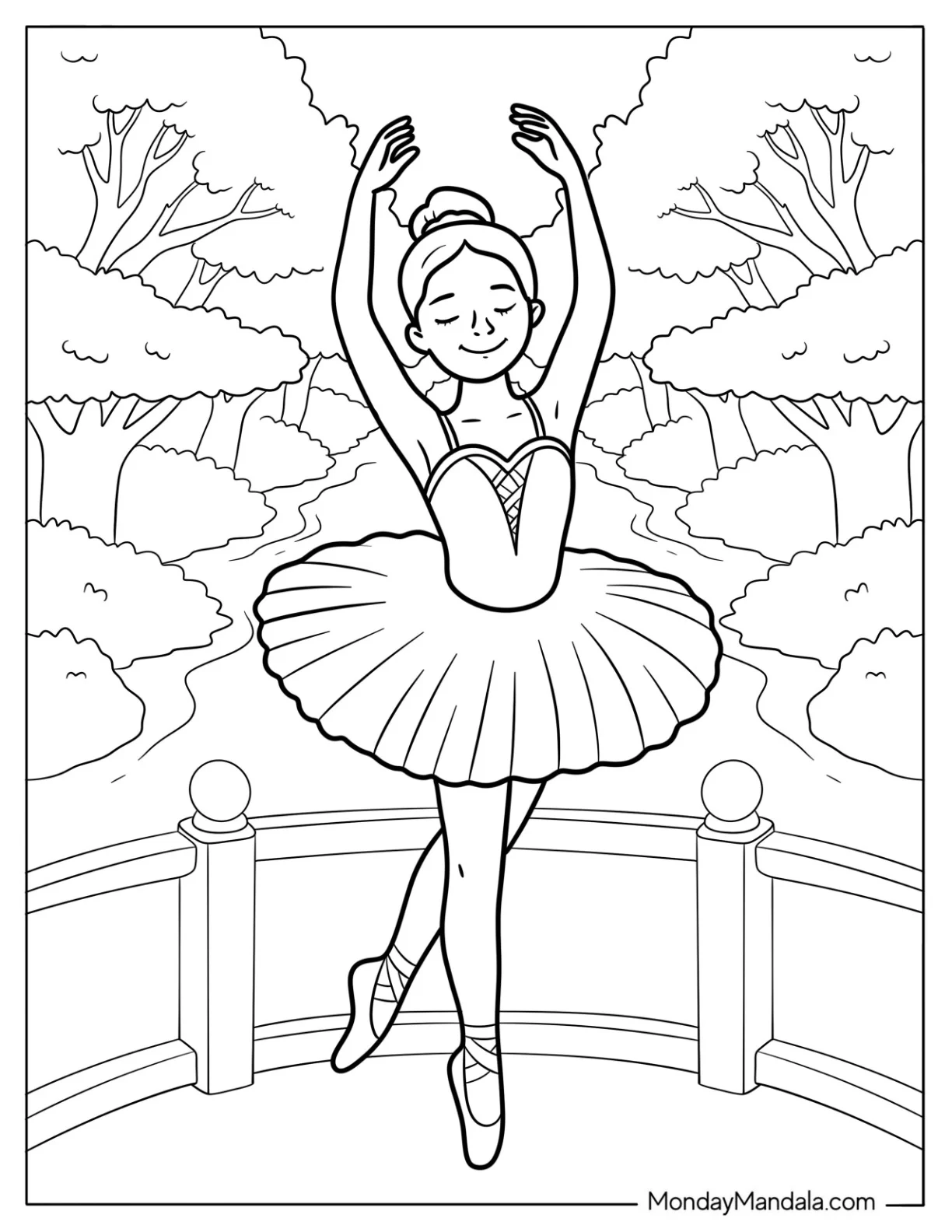 Elegant Ballerina Coloring Page Dancing on a Garden Balcony coloring page