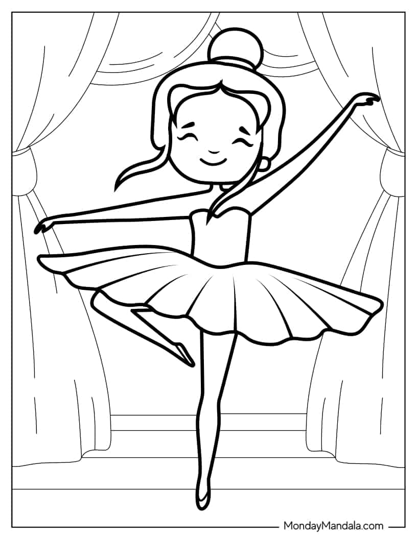 Happy Ballerina Dancing During a Performance coloring page — printable line art