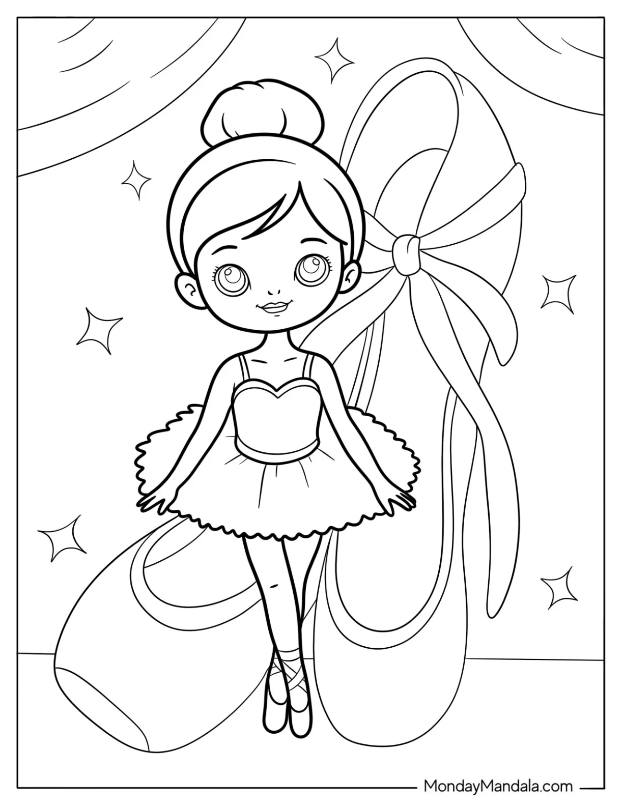 Little Ballerina Coloring Page Standing in Front of Giant Ballet Shoes For Kids coloring page — printable line art