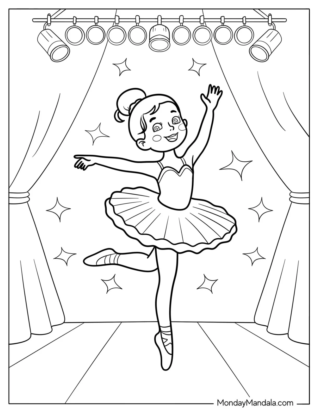 Stage Performance With Ballerina Coloring Page in Tutu and Lighting Rig coloring page