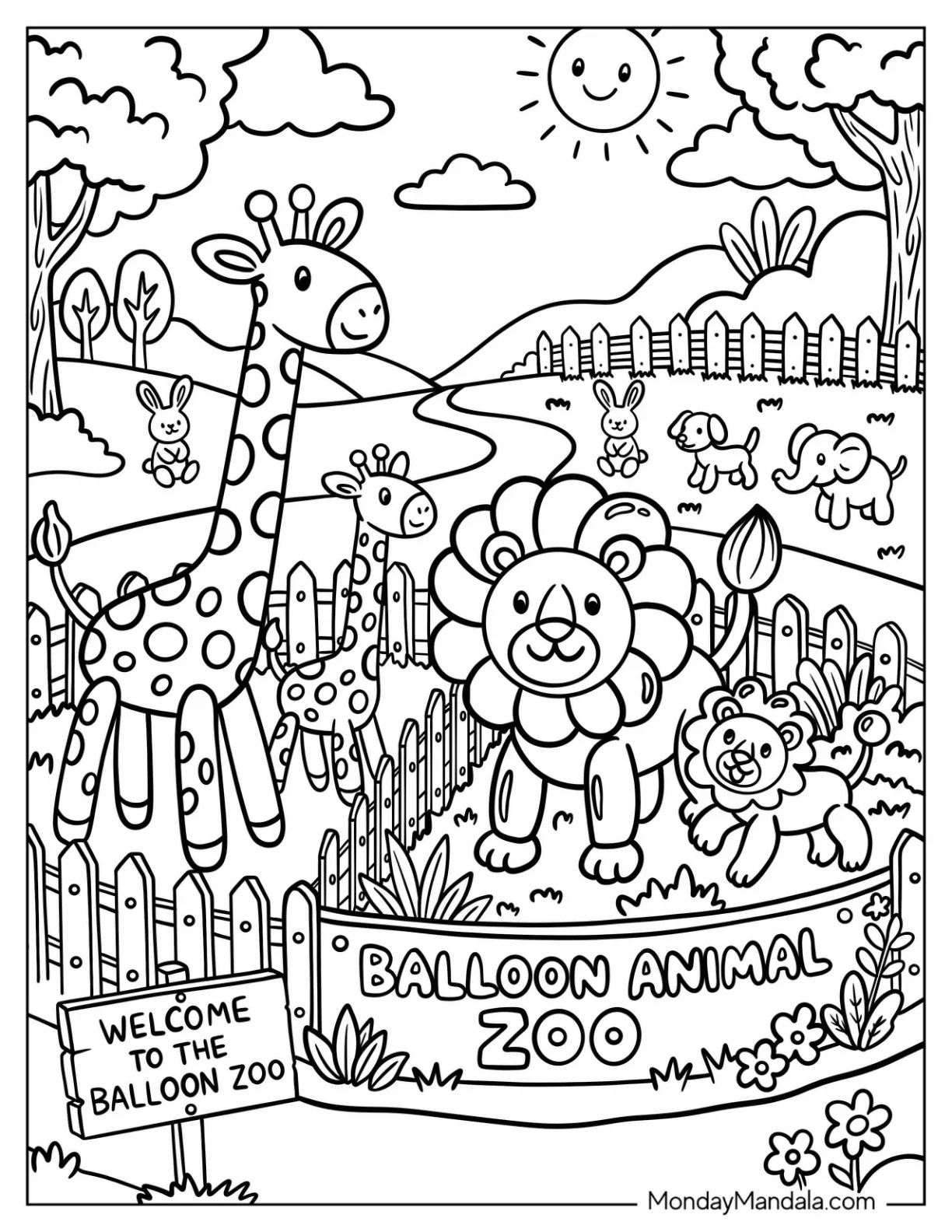Balloon Animal Zoo with Giraffes and Lions Coloring Page coloring page