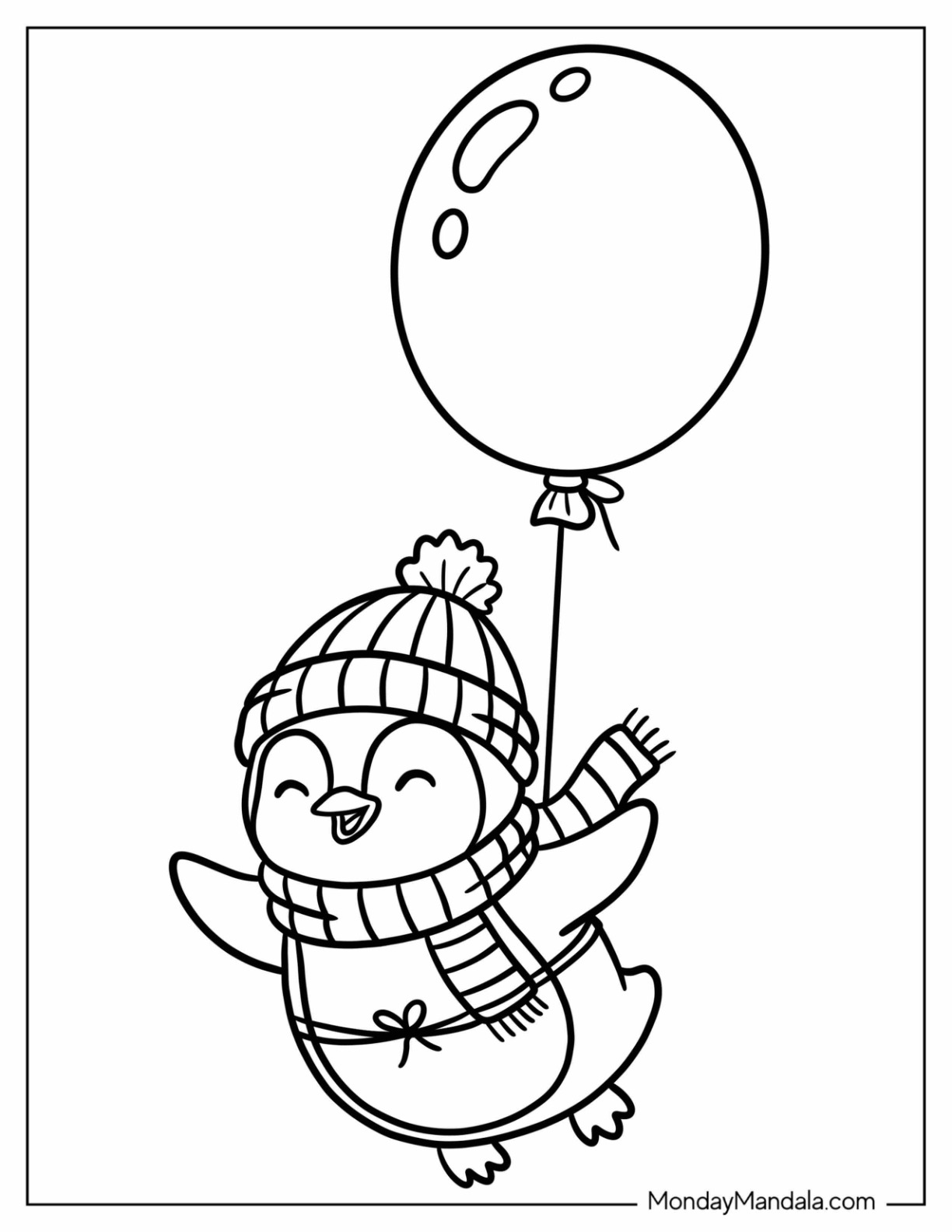 Balloon Tied Around a Happy Little Penguin Coloring Page for Kids coloring page
