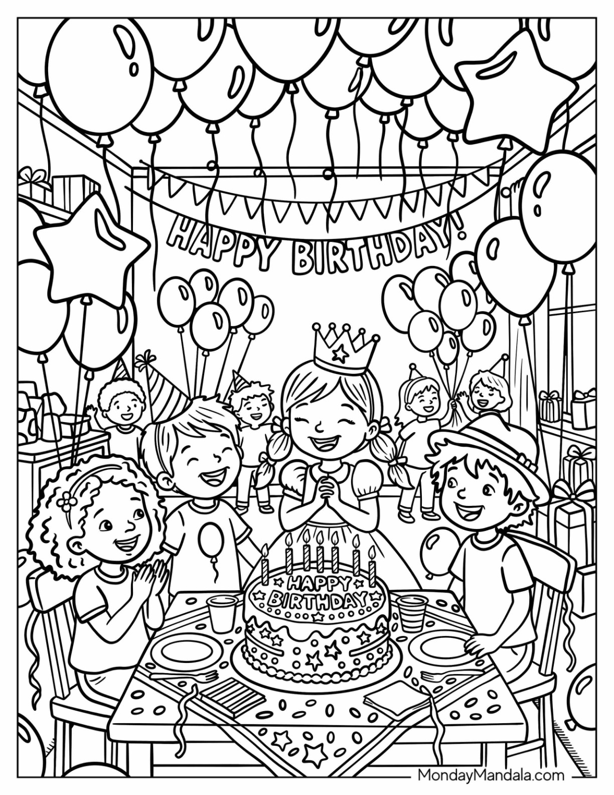 Birthday Girl Blowing Out Candles Under Balloons Coloring Page coloring page