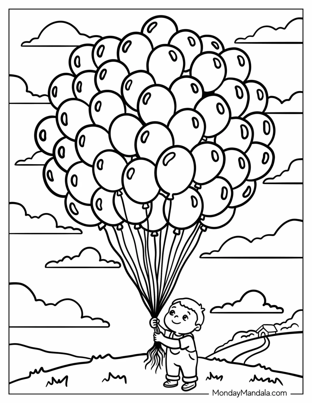 Boy Holding a Giant Bunch of Balloons Coloring Page coloring page