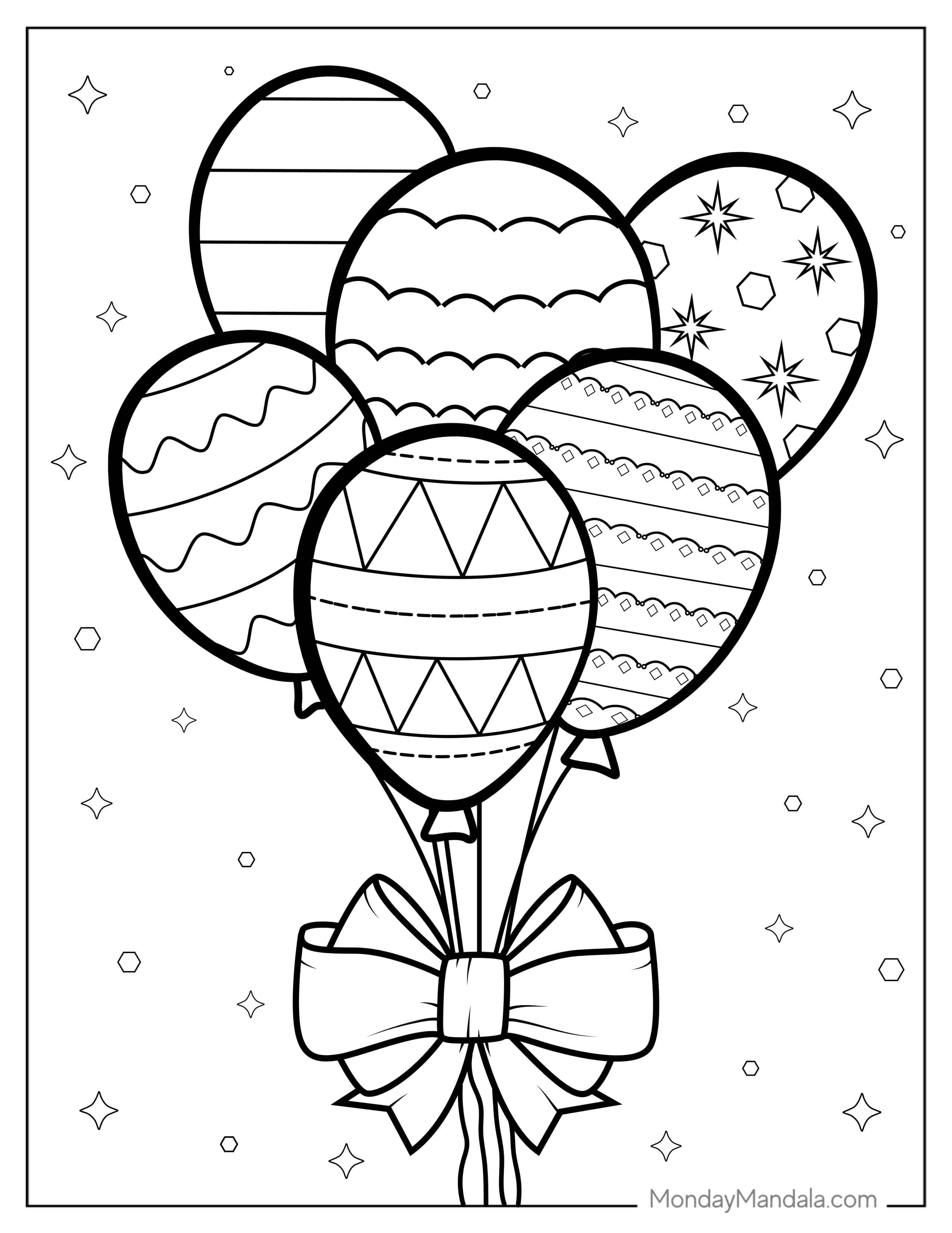 Bunch Of Balloons With Patterns And Ribbon coloring page