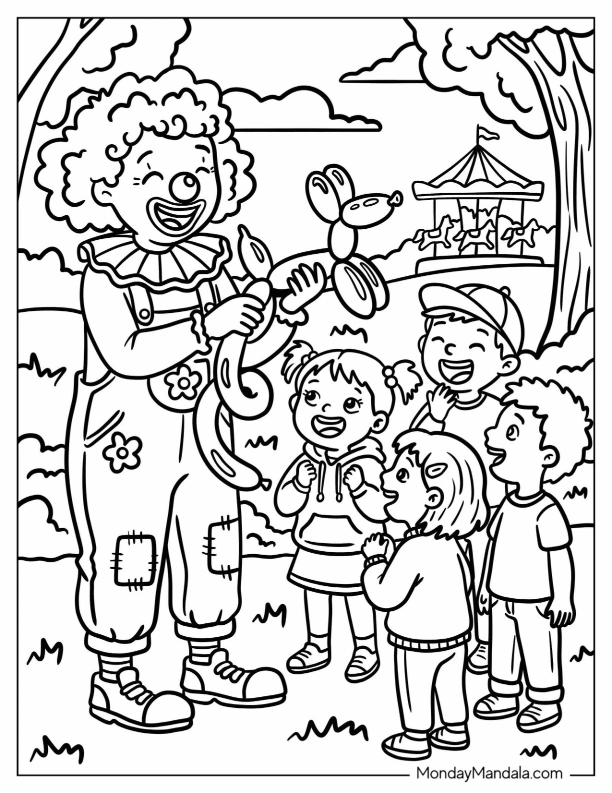 Clown Making a Balloon Dog for Kids Coloring Page coloring page
