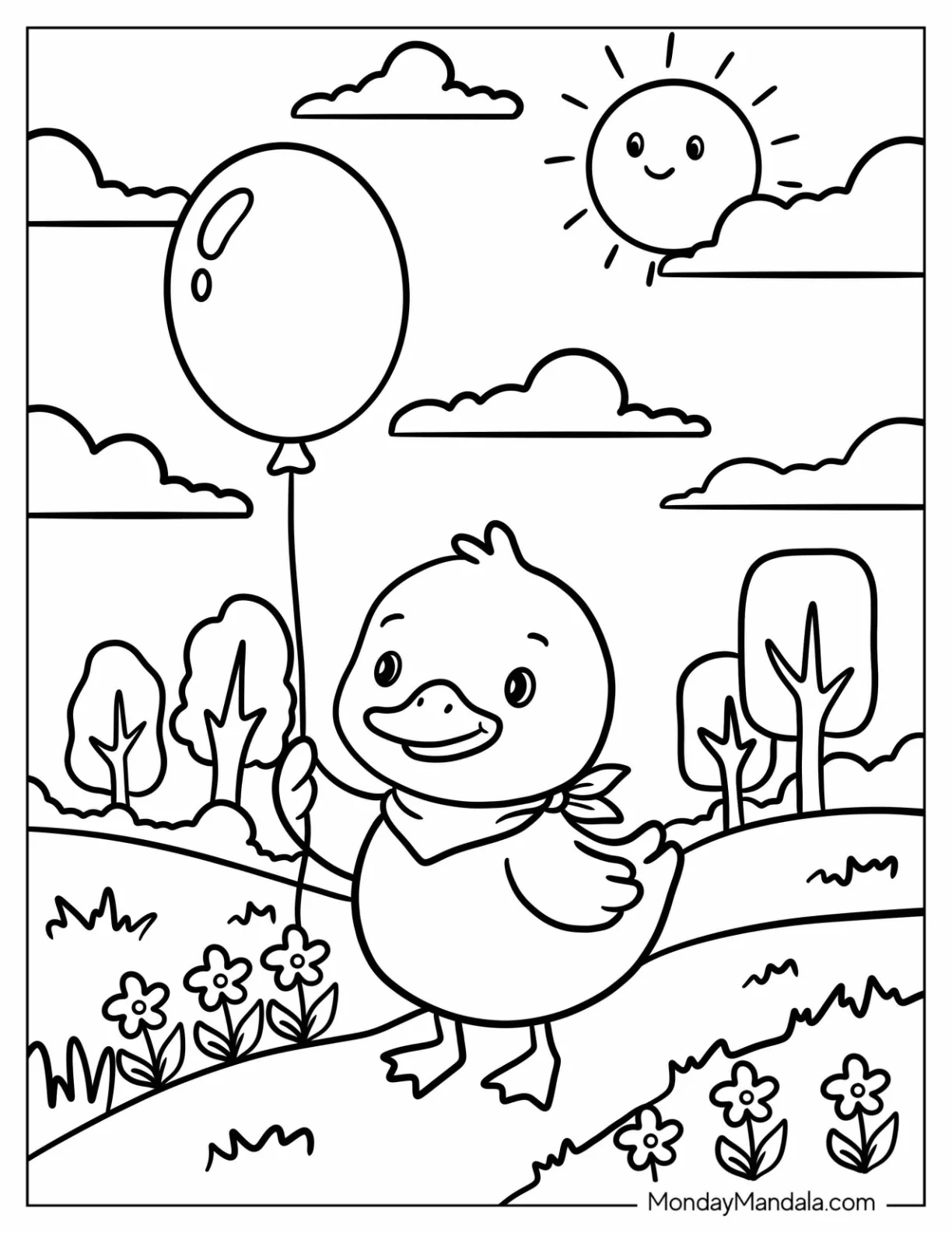 Duck Holding a Balloon in a Sunny Park Coloring Sheet coloring page
