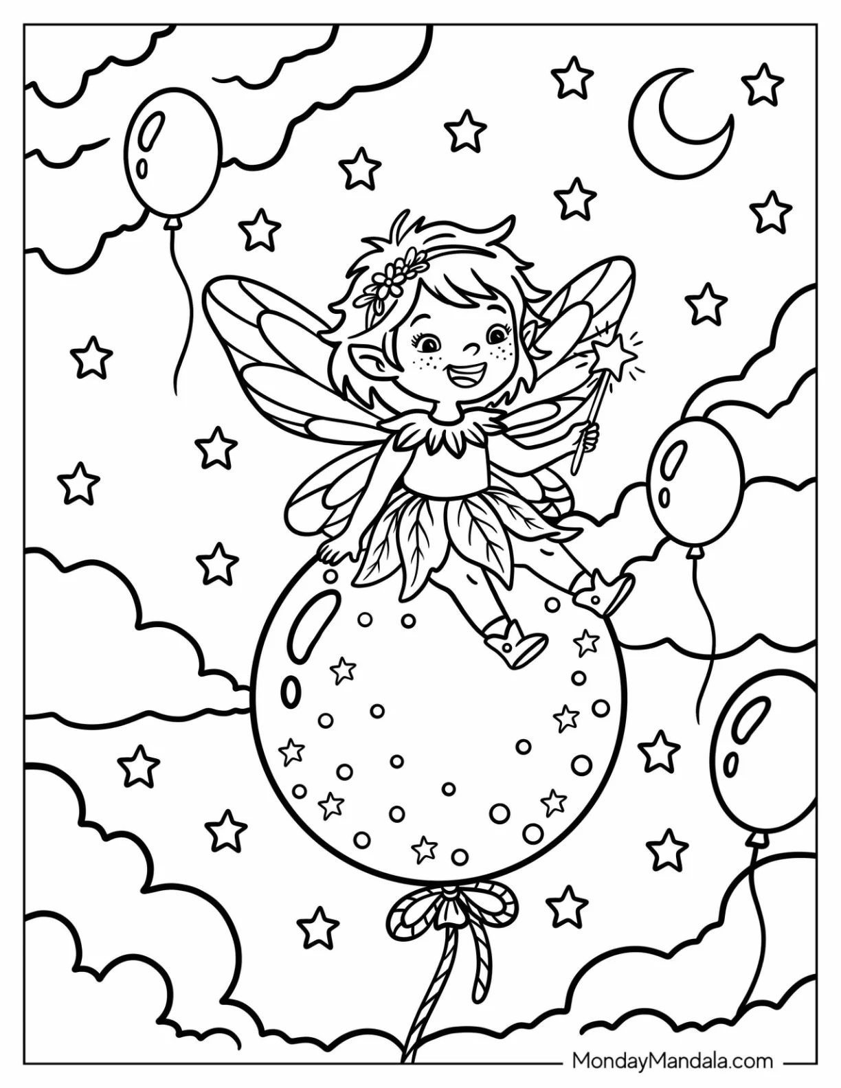 Fairy Riding a Star Balloon at Night Coloring Page coloring page