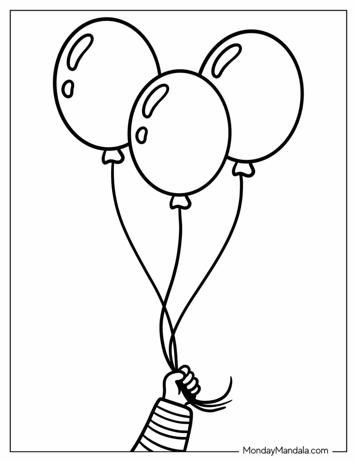 Hand Holding Three Balloons Coloring Page coloring page