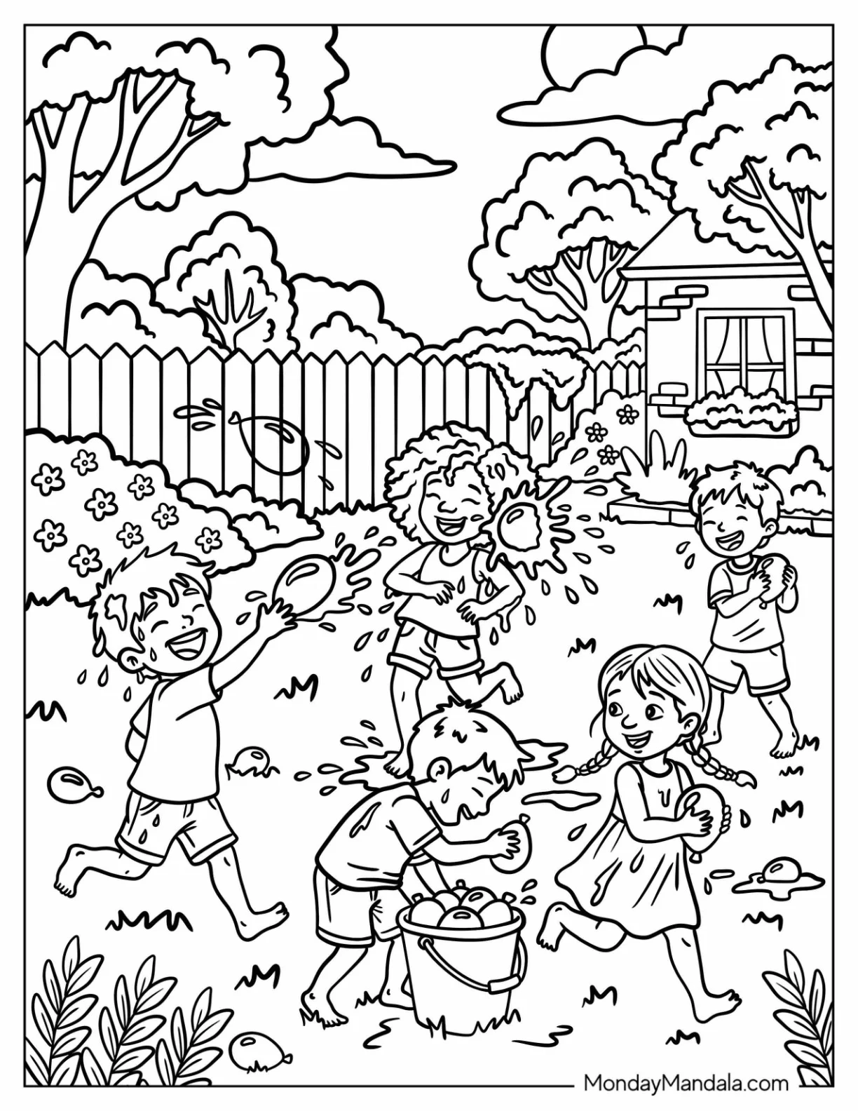 Kids Having a Water Balloon Fight Coloring Page coloring page