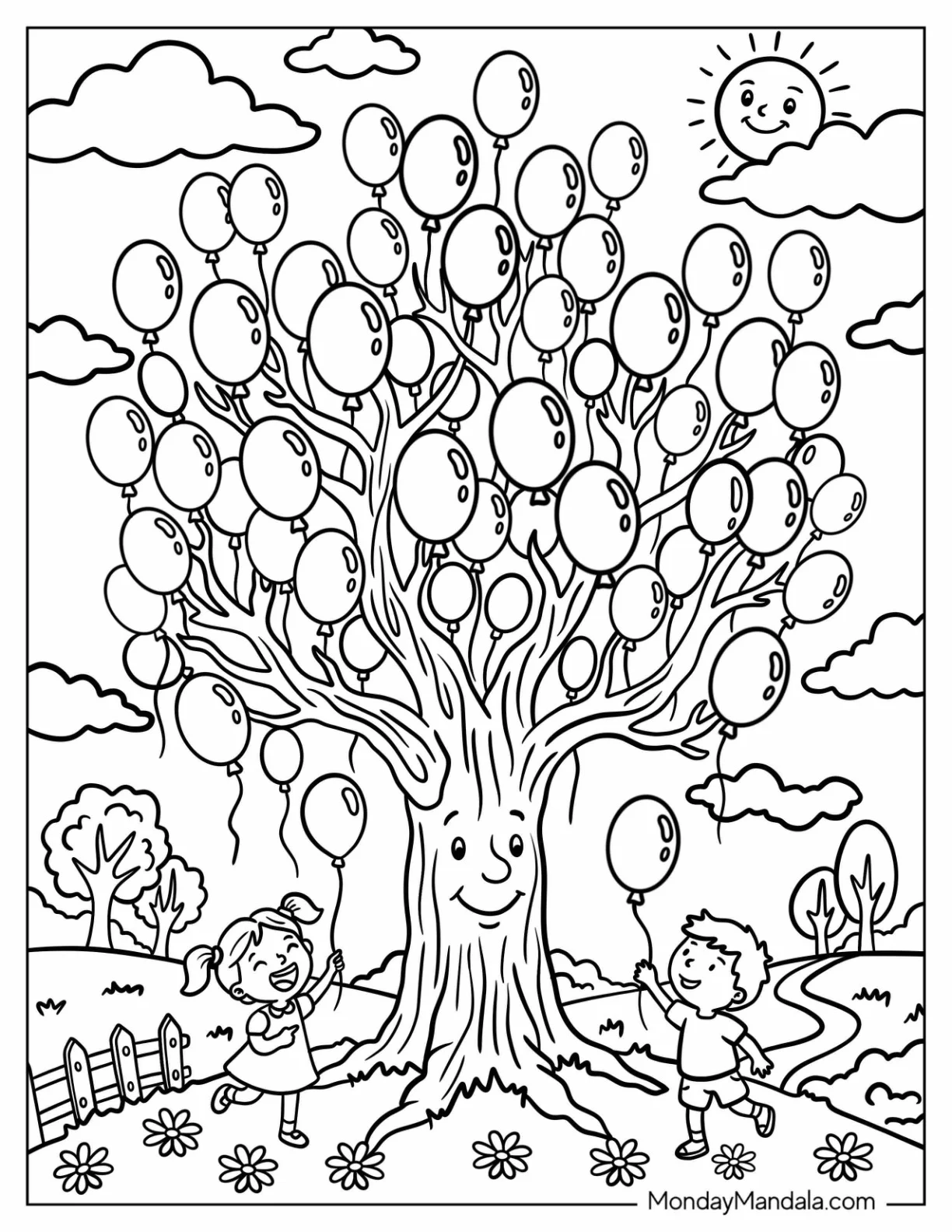 Kids Playing Under a Balloon Tree coloring page